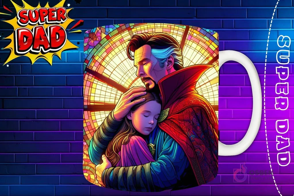 Taza sublimada con Spiderman abrazando a su hijo, diseño en estilo cómic vidriera 'Super Dad'
