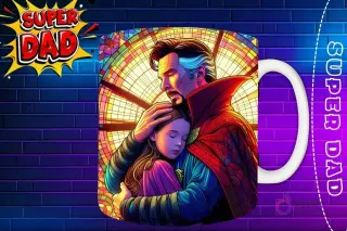 Taza sublimada con Spiderman abrazando a su hijo, diseño en estilo cómic vidriera 'Super Dad'