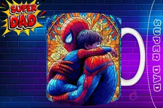 Taza sublimada con Thor abrazando a su hijo con mirada tierna, diseño 'Super Dad' con ventana de fondo