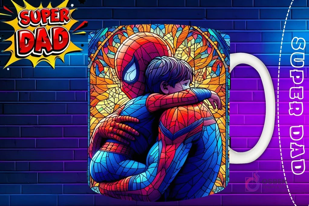 Taza sublimada con Thor abrazando a su hijo con mirada tierna, diseño 'Super Dad' con ventana de fondo
