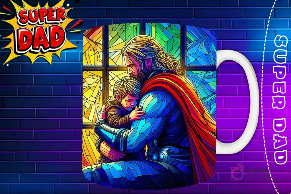 Taza sublimada con Hulk abrazando a un bebé, diseño verde musculoso estilo vidriera 'Super Dad'