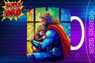 Taza sublimada con Hulk abrazando a un bebé, diseño verde musculoso estilo vidriera 'Super Dad'