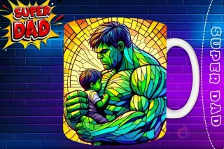 Taza sublimada con Capitán América abrazando a su hijo, diseño detallado estilo vidriera 'Super Dad'
