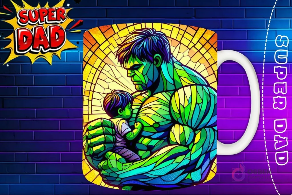 Taza sublimada con Capitán América abrazando a su hijo, diseño detallado estilo vidriera 'Super Dad'