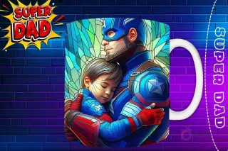Taza sublimada con Iron Man y su hija en un abrazo cálido, con luces azules en armadura 'Super Dad'