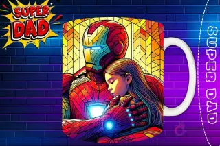 Taza sublimada con Spiderman abrazando a su hija, diseño en tonos azules y rojos 'Super Dad'
