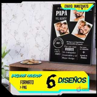 Mockup de cuadro imprimible para el Día del Padre con marco negro, fotos de padre e hijos y textos emotivos, sobre un mueble de madera claro con fondo de pared con flores y planta verde, destacando banners de 'ENVIO INMEDIATO' y 'INCLUYE MOCKUP 6 DISEÑOS FORMATO > PNG'.