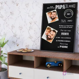 Cuadro imprimible para el Día del Padre con un diseño inspirador que resalta la fuerza del padre y su rol como guía ('La vida viene sin manual pero trae un Padre'), mostrado en un mockup realista sobre un mueble de salón.