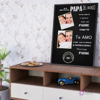 Representación de cuadro imprimible para el Día del Padre con la poderosa frase 'No hay imperio ni galaxia con un PADRE como tú', celebrando la singularidad e irremplazable presencia del padre, con fotos de padre e hijos.