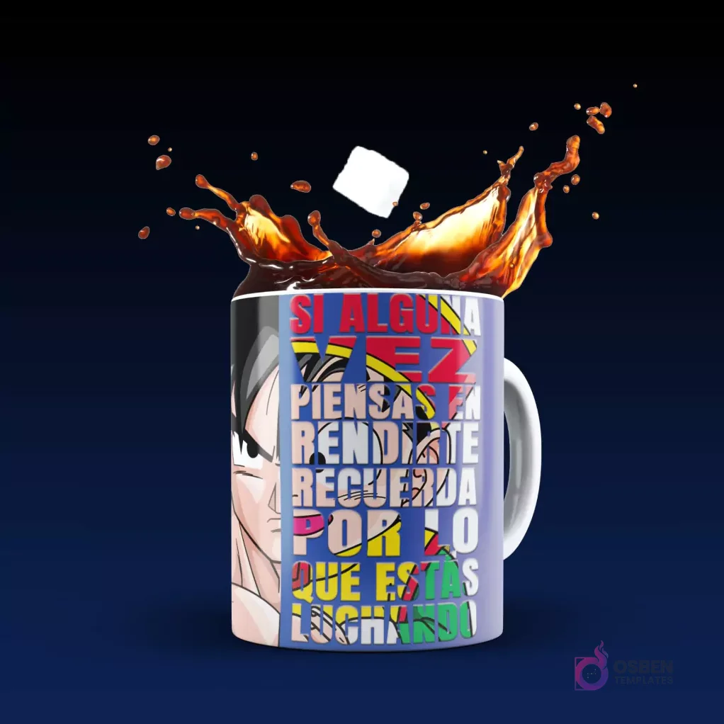 Taza blanca sublimada con Goku de Dragon Ball y la frase motivadora 'Si alguna vez piensas en rendirte recuerda por lo que estás luchando', con efecto de café salpicando y cubo de azúcar, sobre fondo azul oscuro.