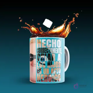Taza blanca sublimada con Mr. Increíble y la frase 'Hecho correctamente, criar a los hijos es un acto heroico' en letras estilizadas, con simulación de café derramado y cubo de azúcar, sobre fondo azul claro.