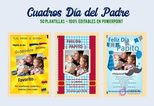 Primeros tres diseños de cuadros editables del Kit Imprimible Día del Padre en PowerPoint: superhéroe amarillo, clásico rojo y azul con corbata, con fotos de padres e hijos.