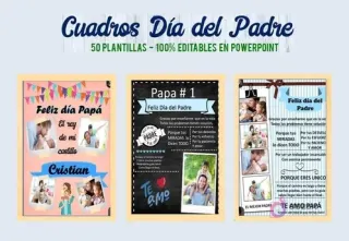 Tres diseños adicionales del Kit Imprimible Día del Padre: estilo 'rey de mi castillo' en tonos pastel, efecto pizarra con mensaje emotivo, y diseño tipo tira de película con fotos.