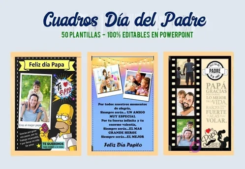Más ejemplos de plantillas del Kit Imprimible Día del Padre: diseño divertido con Homer Simpson, cuadro con luces cálidas para fotos, y emotivo diseño tipo tira de película con siluetas.