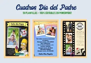 Más ejemplos de plantillas del Kit Imprimible Día del Padre: diseño divertido con Homer Simpson, cuadro con luces cálidas para fotos, y emotivo diseño tipo tira de película con siluetas.