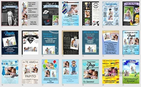 Vista en cuadrícula de los primeros 21 diseños de cuadros para el Día del Padre del kit imprimible, mostrando la diversidad de estilos, colores y mensajes editables en PowerPoint.