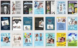 Vista en cuadrícula de los primeros 21 diseños de cuadros para el Día del Padre del kit imprimible, mostrando la diversidad de estilos, colores y mensajes editables en PowerPoint.