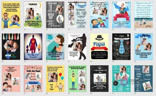Continuación de la vista en cuadrícula con 21 diseños más (del 22 al 42) del Kit Imprimible Día del Padre, exhibiendo opciones variadas para fotos, textos y temáticas.