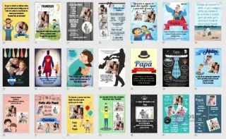 Continuación de la vista en cuadrícula con 21 diseños más (del 22 al 42) del Kit Imprimible Día del Padre, exhibiendo opciones variadas para fotos, textos y temáticas.