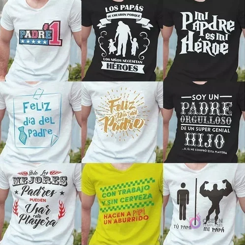 Mosaico de 9 diseños para sublimación del Día del Padre mostrando poleras con frases como 'Padre #1', 'Mi padre es mi héroe' y 'Los niños necesitan héroes'.