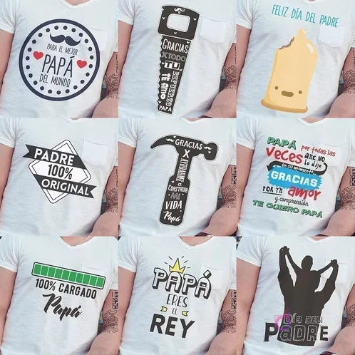 Mosaico de 9 diseños para sublimación del Día del Padre en poleras, incluyendo frases como 'Para el mejor papá del mundo', 'Padre 100% original' y 'Papá eres el rey'.