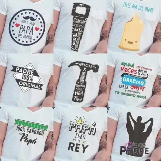 Mosaico de 9 diseños para sublimación del Día del Padre en poleras, incluyendo frases como 'Para el mejor papá del mundo', 'Padre 100% original' y 'Papá eres el rey'.