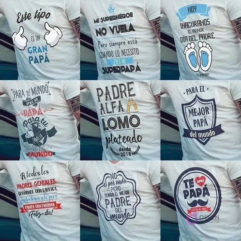 Mosaico de 9 diseños para sublimación del Día del Padre con poleras que muestran mensajes como 'Este tipo es un gran papá', 'Mi superhéroe no vuela' y 'Padre Alfa Lomo Plateado'.