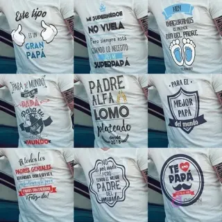 Mosaico de 9 diseños para sublimación del Día del Padre con poleras que muestran mensajes como 'Este tipo es un gran papá', 'Mi superhéroe no vuela' y 'Padre Alfa Lomo Plateado'.