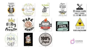 Muestra de los 13 diseños vectoriales incluidos en el Pack Sublimación Delantal Día del Padre: chef, parrillero, humor, frases ingeniosas para papá.
