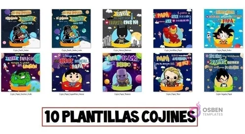 Muestrario de las 10 plantillas de sublimación para cojines del Día del Padre. Incluye diseños de personajes como Darth Vader, Luke, Batman, Iron Man, Goku, Hulk, Superman, Thanos, Thor y Vegeta con frases alusivas.