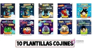 Muestrario de las 10 plantillas de sublimación para cojines del Día del Padre. Incluye diseños de personajes como Darth Vader, Luke, Batman, Iron Man, Goku, Hulk, Superman, Thanos, Thor y Vegeta con frases alusivas.