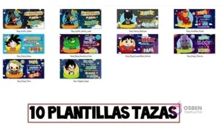 Muestrario de las 10 plantillas de sublimación para tazas del Día del Padre. Presenta los mismos personajes de superhéroes y villanos que los cojines, incluyendo a Darth Vader, Luke, Batman, Iron Man, Goku, Hulk, Superman, Thanos, Thor y Vegeta.