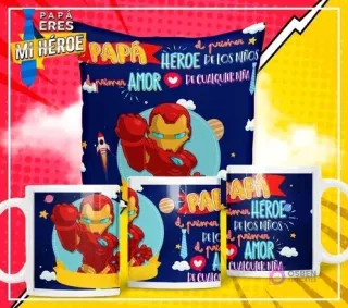 Mockup de pack plantillas sublimación Día del Padre con diseño de Iron Man. Cojín y dos tazas mostrando al superhéroe con la frase 'Papá, héroe de los niños, el primer amor de cualquier niña' sobre fondo azul.