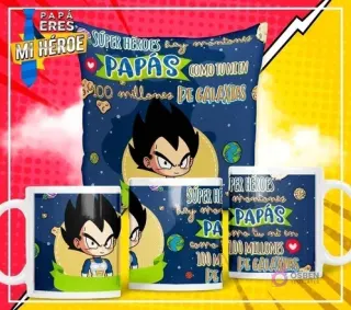 Mockup de pack plantillas sublimación Día del Padre con diseño de Vegeta. Cojín y dos tazas con el personaje y la frase 'Superhéroes hay montones, Papás como tú ni en 100 millones de galaxias' sobre fondo azul espacial.