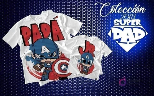 Mockup de camisetas blancas de sublimación (adulto y niño) con diseños chibi de Capitán América y textos 'PAPÁ' y 'JR', ideal para conjuntos de padre e hijo.