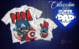 Mockup de camisetas blancas de sublimación (adulto y niño) con diseños chibi de Capitán América y textos 'PAPÁ' y 'JR', ideal para conjuntos de padre e hijo.