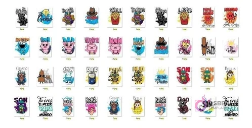 Cuadrícula de numerosos diseños de vectores PNG para sublimación con personajes chibi y frases alusivas a 'Papá', 'Dad', 'Son', 'Hijo', incluyendo Cookie Monster, cerdos, cowboys.