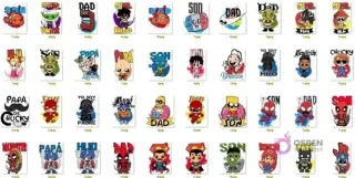 Cuadrícula de numerosos diseños de vectores PNG para sublimación con personajes chibi populares y frases de 'Papá', 'Dad', 'Son', 'Hijo', incluyendo Nemo, Shrek, Dragon Ball, superheroes.