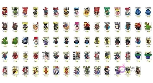 Cuadrícula completa de más de cien diseños de vectores PNG para sublimación con personajes chibi, superheroes, personajes de caricatura y textos como 'Papá', 'Hijo', 'Hija', 'Mama'.