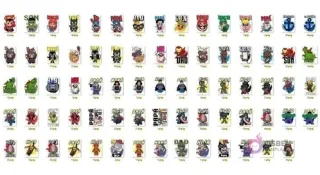 Cuadrícula completa de más de cien diseños de vectores PNG para sublimación con personajes chibi, superheroes, personajes de caricatura y textos como 'Papá', 'Hijo', 'Hija', 'Mama'.