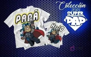 Mockup de camisetas blancas de sublimación (adulto y niño) con diseños chibi de Thor en estilo Lego y textos 'PAPÁ' y 'HIJO', perfectos para el Día del Padre.