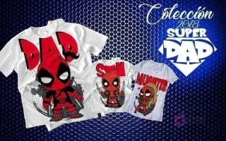 Mockup de tres camisetas blancas de sublimación (adulto, niño, niña) con diseños chibi de Deadpool y textos 'DAD', 'SON', 'DAUGHTER', ideal para toda la familia.