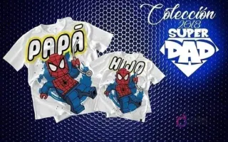 Mockup de camisetas blancas de sublimación (adulto y niño) con diseños chibi de Spider-Man en estilo Lego y textos 'PAPÁ' y 'HIJO', un regalo ideal para padres fans.
