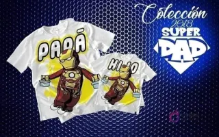 Mockup de camisetas blancas de sublimación (adulto y niño) con diseños chibi de Iron Man en estilo Lego y textos 'PAPÁ' y 'HIJO', para celebrar el Día del Padre.