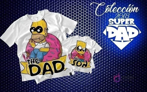 Mockup de camisetas blancas de sublimación (adulto y niño) con diseños chibi de Homer Simpson ('THE DAD') comiendo una dona y Bart Simpson ('THE SON'), perfecto para fans.