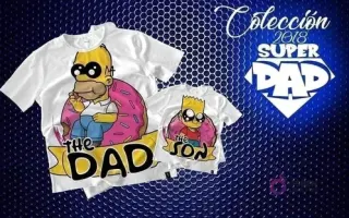 Mockup de camisetas blancas de sublimación (adulto y niño) con diseños chibi de Homer Simpson ('THE DAD') comiendo una dona y Bart Simpson ('THE SON'), perfecto para fans.