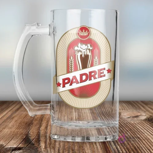 Chopero de vidrio transparente con plantilla de sublimación Día del Padre diseño vintage en rojo y oro, frase PADRE y emblema de cerveza.