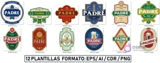 Muestrario de 12 plantillas vectoriales para sublimar shoperos del Día del Padre en formatos PNG, EPS, AI, CDR, mostrando diversos estilos de etiquetas.