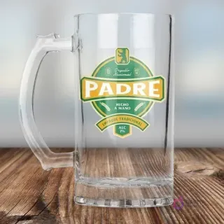 Chopero de vidrio transparente con plantilla de sublimación Día del Padre en tonos verdes y amarillos, diseño con oso y texto 'ORGULLO NACIONAL'.