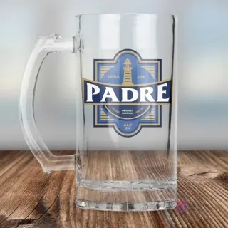 Chopero de vidrio sublimado con diseño del Día del Padre en azul y blanco, con un faro como ícono y texto 'DESDE 2018 ORGULLO NACIONAL'.
